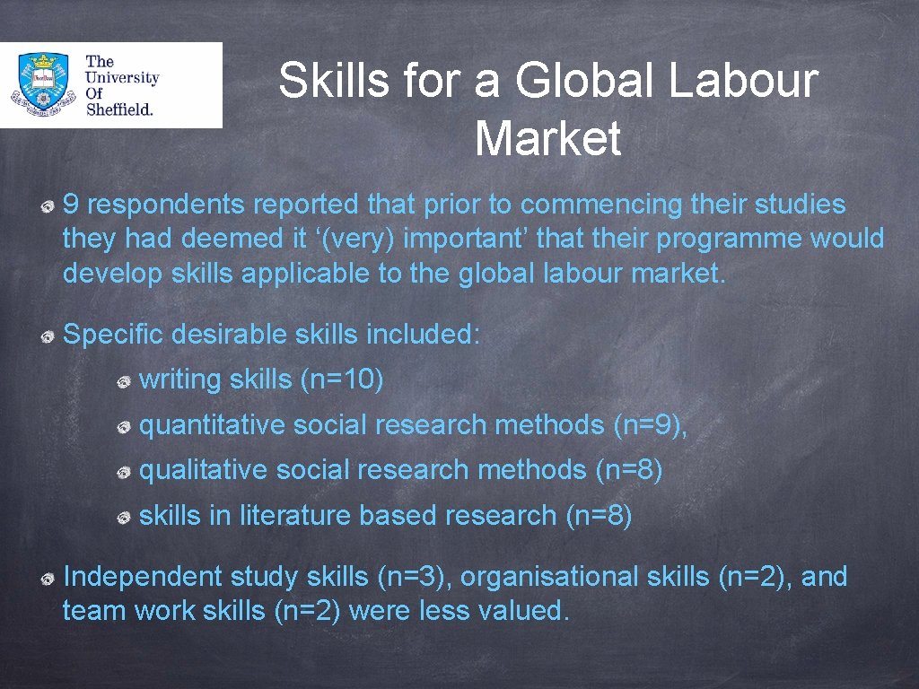 Skills for a Global Labour Market 9 respondents reported that prior to commencing their