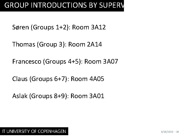 GROUP INTRODUCTIONS BY SUPERVISORS Søren (Groups 1+2): Room 3 A 12 Thomas (Group 3):