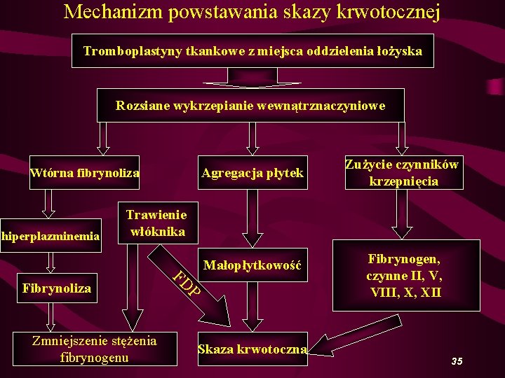 Mechanizm powstawania skazy krwotocznej Tromboplastyny tkankowe z miejsca oddzielenia łożyska Rozsiane wykrzepianie wewnątrznaczyniowe Agregacja