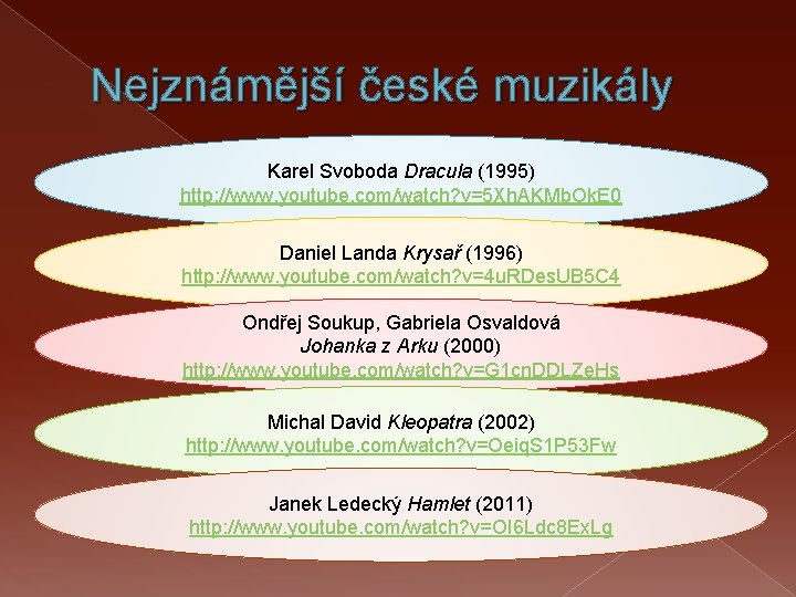 Nejznámější české muzikály Karel Svoboda Dracula (1995) http: //www. youtube. com/watch? v=5 Xh. AKMb.