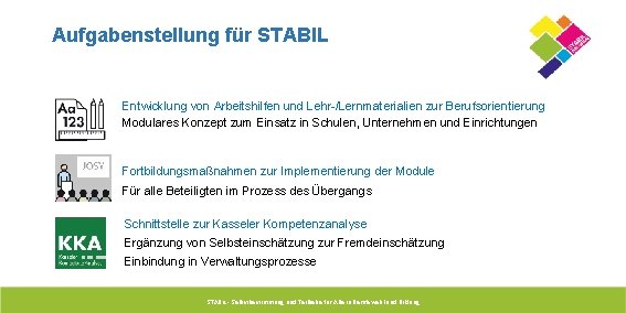 Aufgabenstellung für STABIL Entwicklung von Arbeitshilfen und Lehr-/Lernmaterialien zur Berufsorientierung Modulares Konzept zum Einsatz