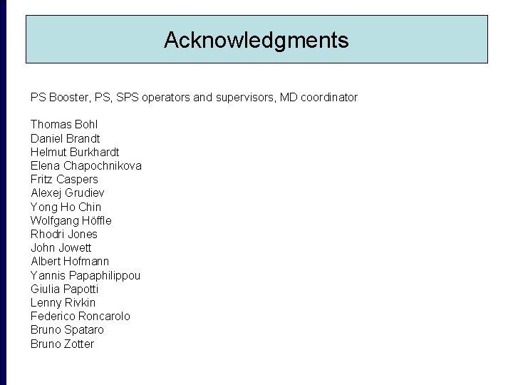 Acknowledgments PS Booster, PS, SPS operators and supervisors, MD coordinator Thomas Bohl Daniel Brandt