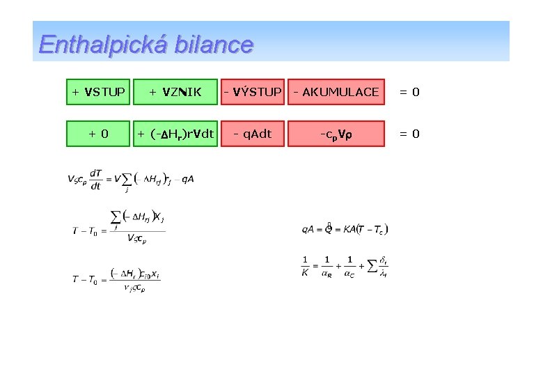 Enthalpická bilance + VSTUP + VZNIK +0 + (-DHr)r. Vdt - VÝSTUP - AKUMULACE