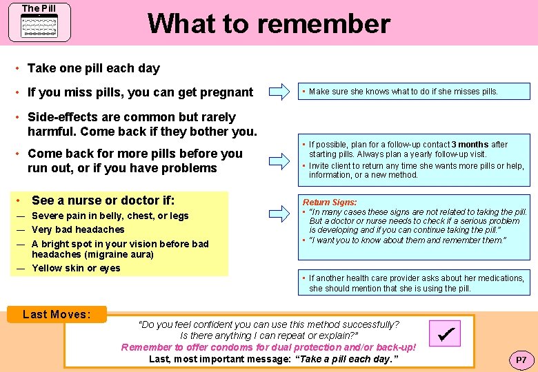 The Pill What to remember • Take one pill each day • If you
