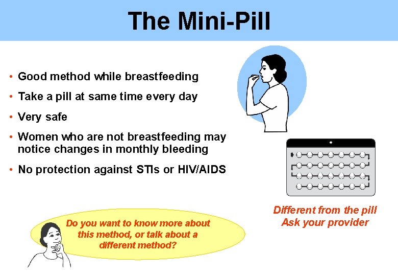 The Mini-Pill • Good method while breastfeeding • Take a pill at same time