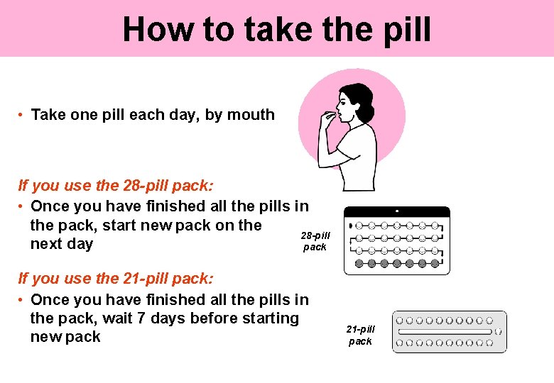How to take the pill • Take one pill each day, by mouth If