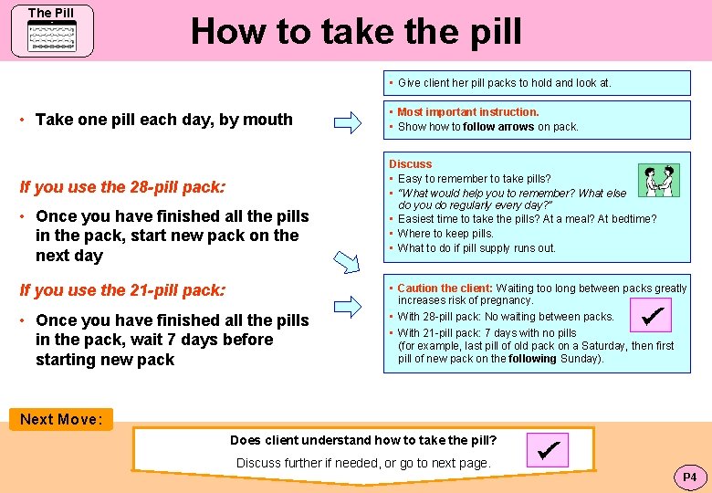 The Pill How to take the pill • Give client her pill packs to