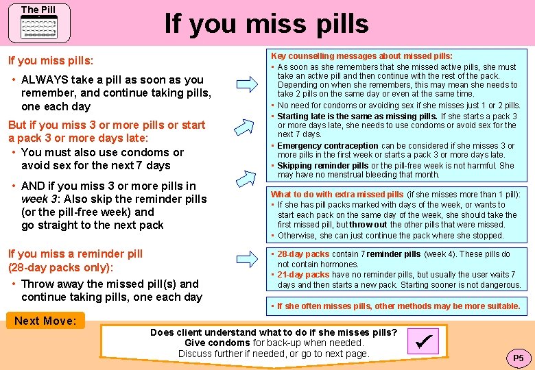 The Pill If you miss pills: • ALWAYS take a pill as soon as