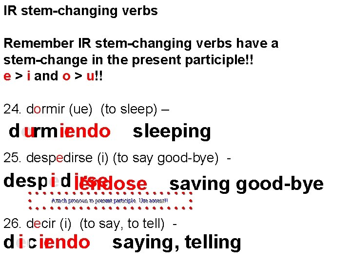 IR stem-changing verbs Remember IR stem-changing verbs have a stem-change in the present participle!!