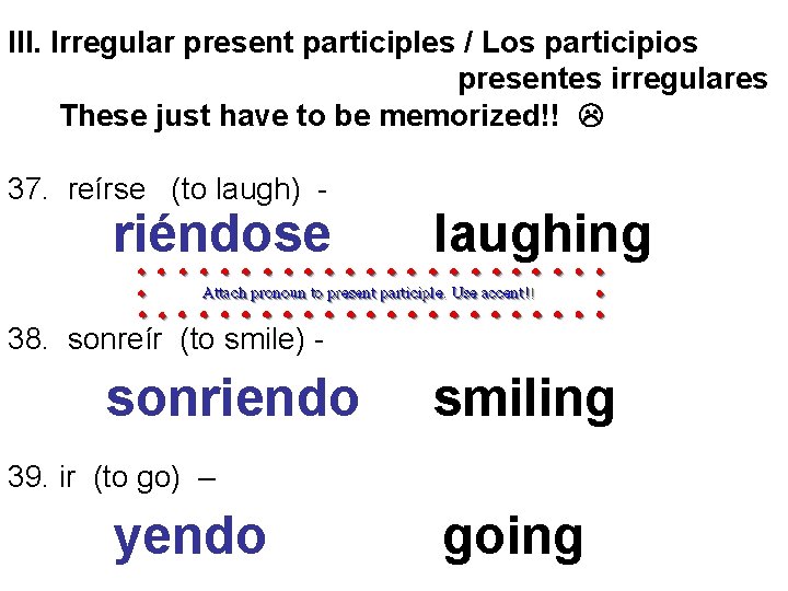 III. Irregular present participles / Los participios presentes irregulares These just have to be