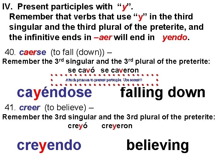 IV. Present participles with “y”. Remember that verbs that use “y” in the third