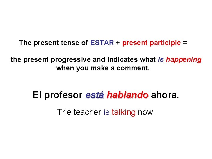 The present tense of ESTAR + present participle = the present progressive and indicates