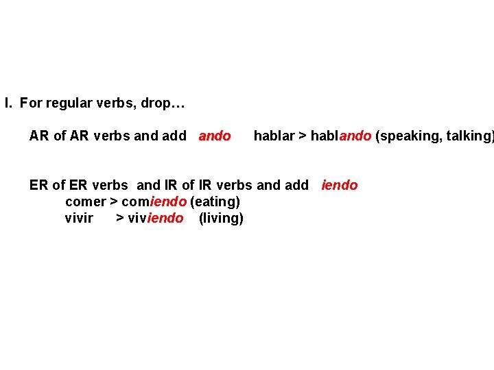 I. For regular verbs, drop… AR of AR verbs and add ando hablar >