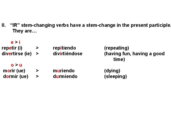 II. “IR” stem-changing verbs have a stem-change in the present participle. They are… e>i