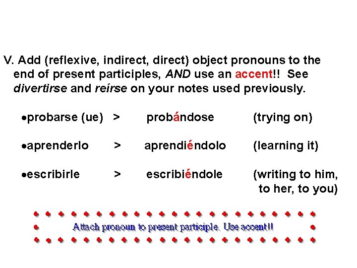 V. Add (reflexive, indirect, direct) object pronouns to the end of present participles, AND