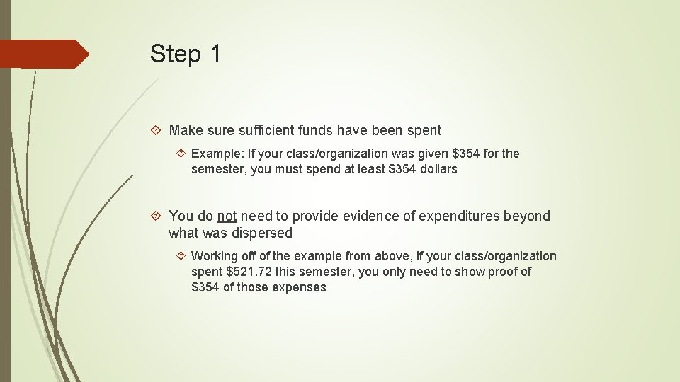 Step 1 Make sure sufficient funds have been spent Example: If your class/organization was