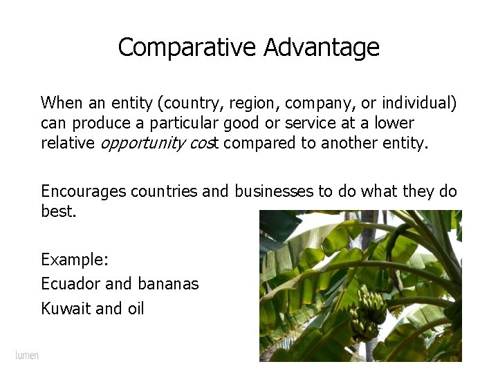 Comparative Advantage When an entity (country, region, company, or individual) can produce a particular