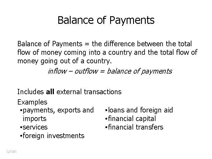 Balance of Payments = the difference between the total flow of money coming into