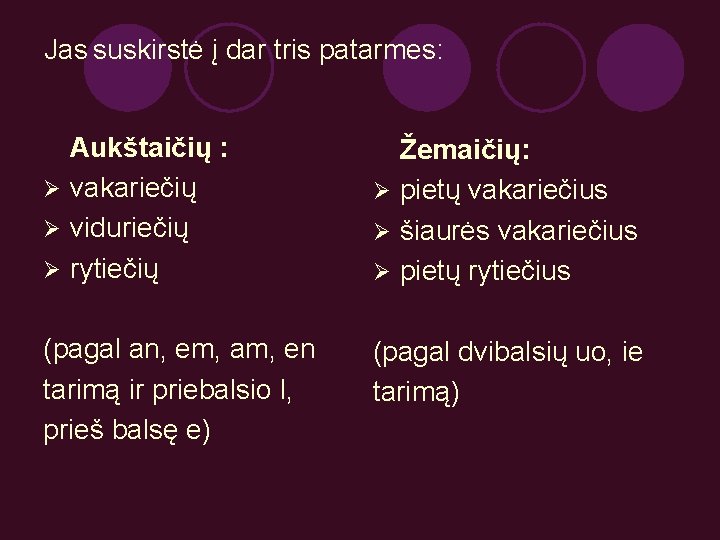 Jas suskirstė į dar tris patarmes: Aukštaičių : Ø vakariečių Ø viduriečių Ø rytiečių