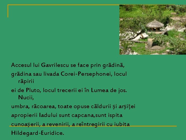 Accesul lui Gavrilescu se face prin grãdinã, grãdina sau livada Corei-Persephonei, locul rãpirii ei