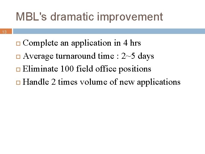 MBL's dramatic improvement 13 Complete an application in 4 hrs Average turnaround time :
