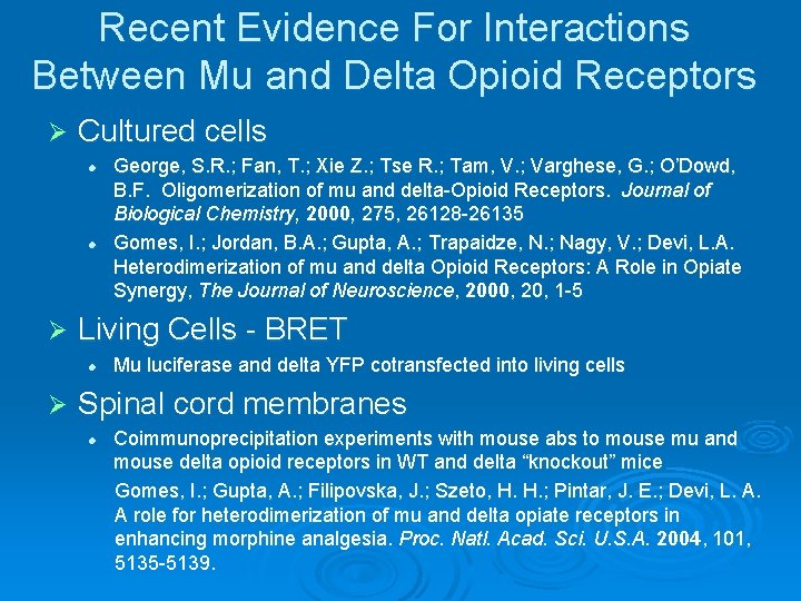 Recent Evidence For Interactions Between Mu and Delta Opioid Receptors Ø Cultured cells l