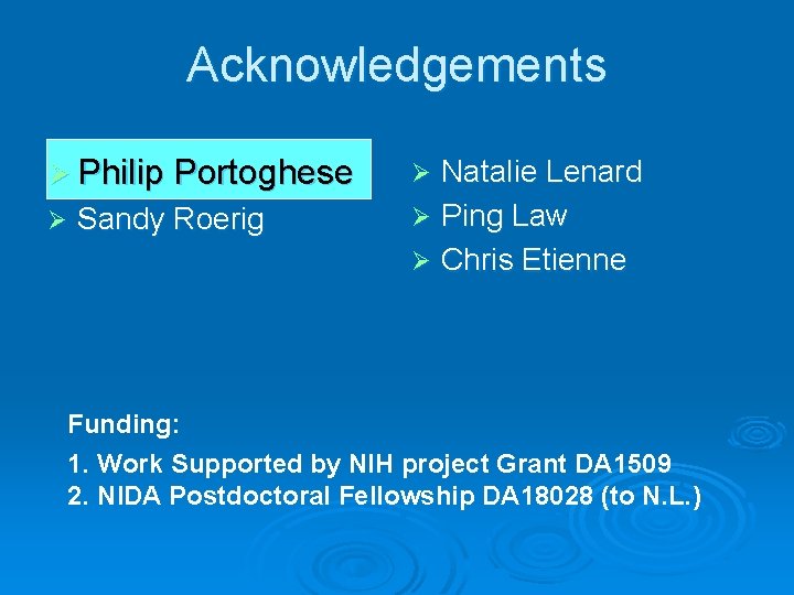 Acknowledgements Ø Philip Portoghese Ø Sandy Roerig Natalie Lenard Ø Ping Law Ø Chris