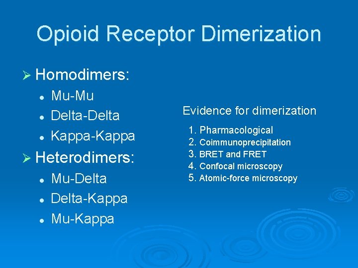 Opioid Receptor Dimerization Ø Homodimers: l l l Mu-Mu Delta-Delta Kappa-Kappa Ø Heterodimers: l