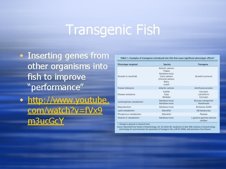 Transgenic Fish w Inserting genes from other organisms into fish to improve “performance” w