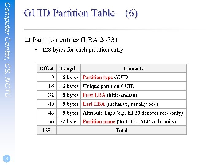 Computer Center, CS, NCTU GUID Partition Table – (6) q Partition entries (LBA 2~33)