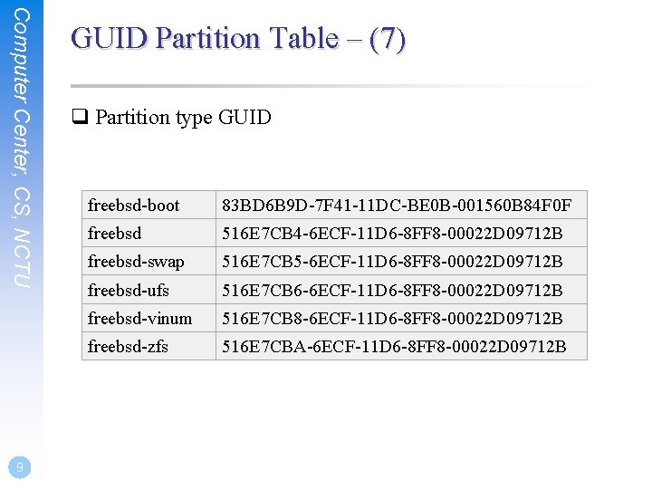 Computer Center, CS, NCTU 9 GUID Partition Table – (7) q Partition type GUID