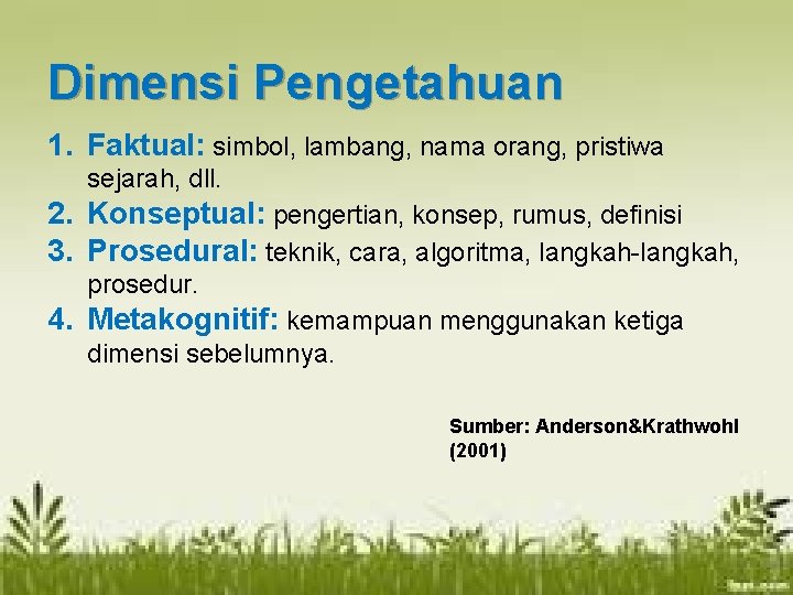 Dimensi Pengetahuan 1. Faktual: simbol, lambang, nama orang, pristiwa sejarah, dll. 2. Konseptual: pengertian,