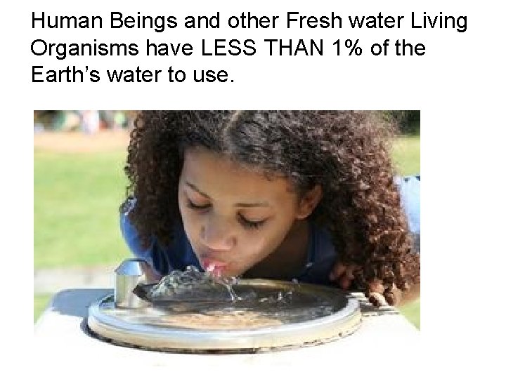 Human Beings and other Fresh water Living Organisms have LESS THAN 1% of the