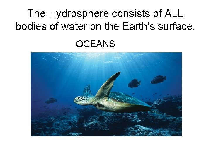 The Hydrosphere consists of ALL bodies of water on the Earth’s surface. OCEANS 