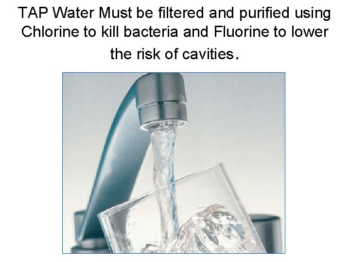 TAP Water Must be filtered and purified using Chlorine to kill bacteria and Fluorine
