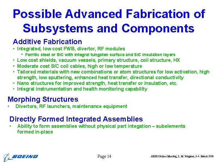 Possible Advanced Fabrication of Subsystems and Components Additive Fabrication • Integrated, low cost FWB,