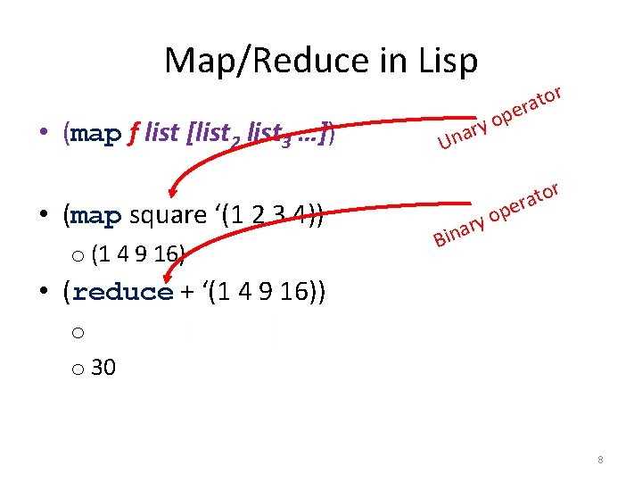 Map/Reduce in Lisp • (map f list [list 2 list 3 …]) • (map