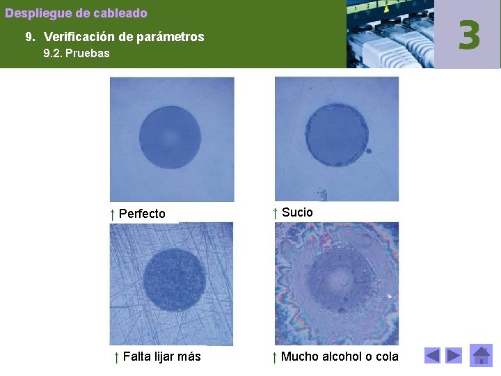 Despliegue de cableado 9. Verificación de parámetros 9. 2. Pruebas ↑ Perfecto ↑ Falta