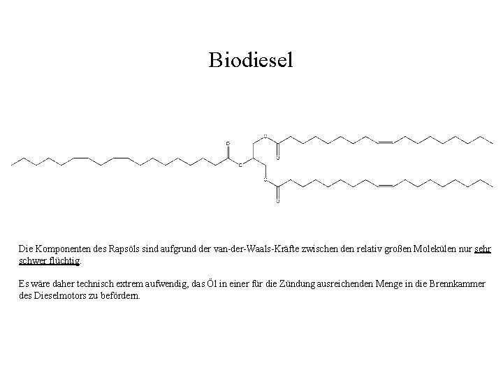 Biodiesel Die Komponenten des Rapsöls sind aufgrund der van-der-Waals-Kräfte zwischen den relativ großen Molekülen