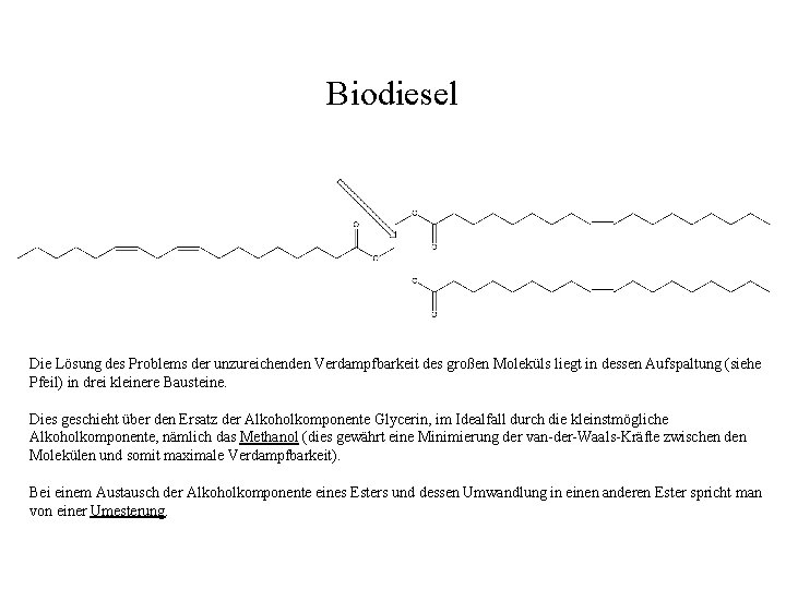 Biodiesel Die Lösung des Problems der unzureichenden Verdampfbarkeit des großen Moleküls liegt in dessen