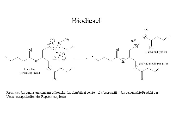 Biodiesel Rechts ist das daraus entstandene Alkoholat-Ion abgebildet sowie – als Ausschnitt – das