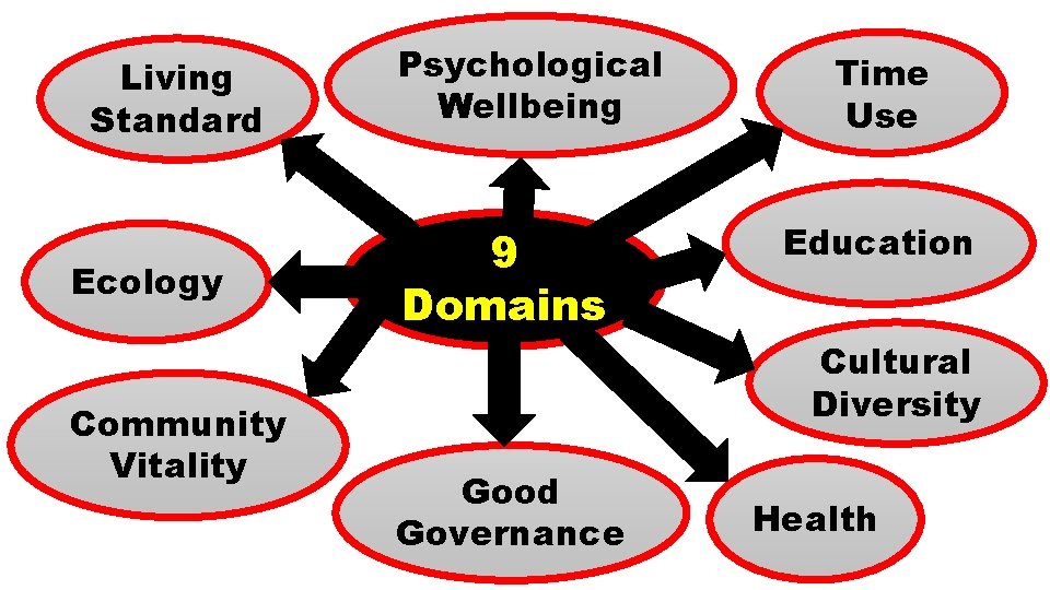 Living Standard Ecology Community Vitality Psychological Wellbeing 9 Domains Time Use Education Cultural Diversity