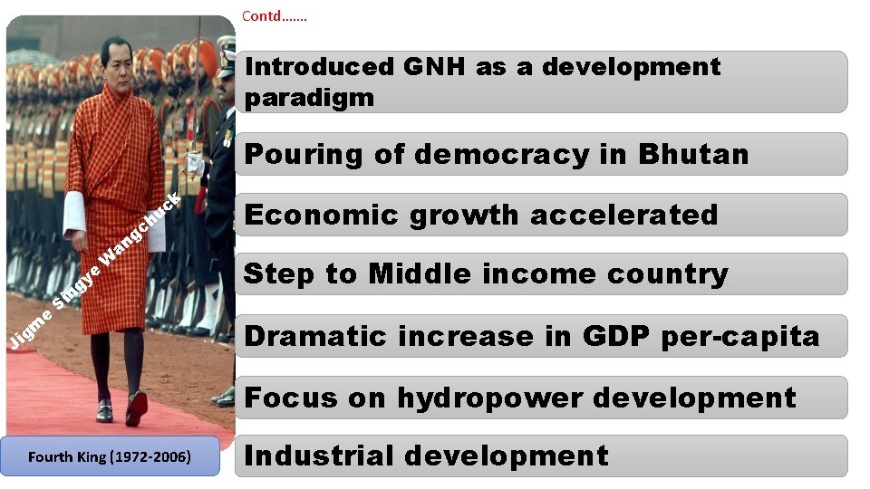 Contd……. Introduced GNH as a development paradigm Pouring of democracy in Bhutan k c