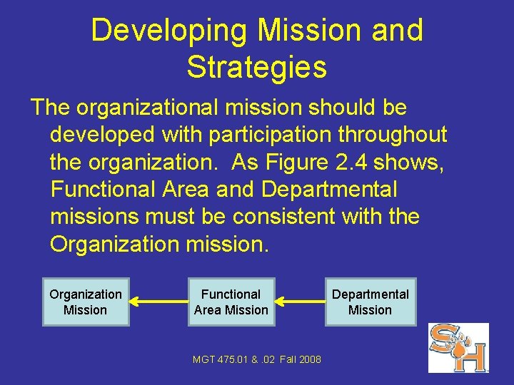 Developing Mission and Strategies The organizational mission should be developed with participation throughout the