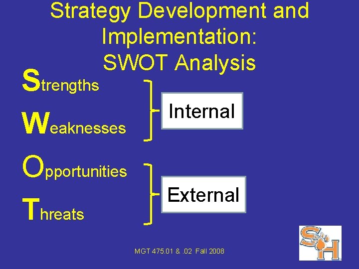 Strategy Development and Implementation: SWOT Analysis Strengths Weaknesses Opportunities Threats Internal External MGT 475.