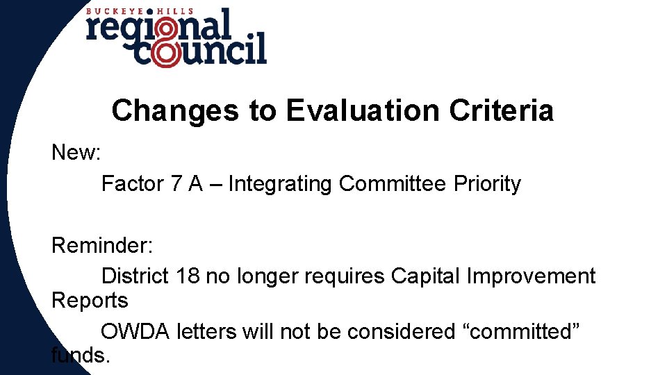 Changes to Evaluation Criteria New: Factor 7 A – Integrating Committee Priority Why Reminder: