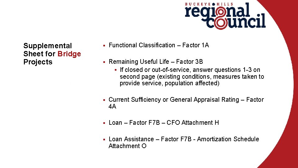Supplemental Sheet for Bridge Projects § Functional Classification – Factor 1 A § Remaining