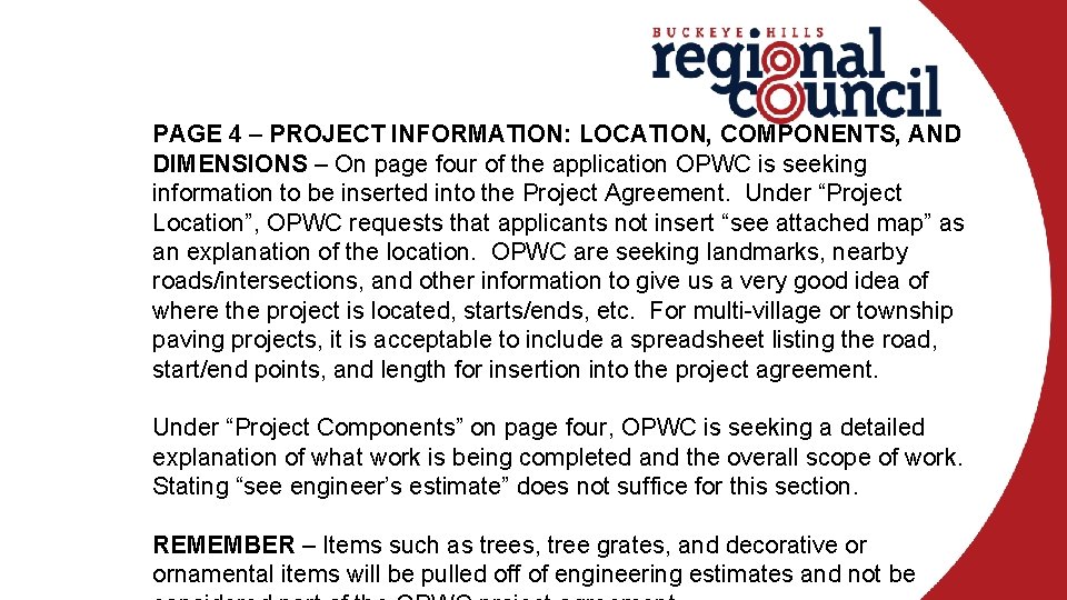 PAGE 4 – PROJECT INFORMATION: LOCATION, COMPONENTS, AND DIMENSIONS – On page four of