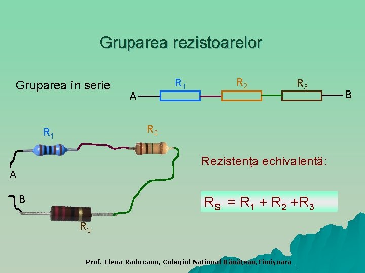 Gruparea rezistoarelor Gruparea în serie R 1 R 2 A R 3 R 2