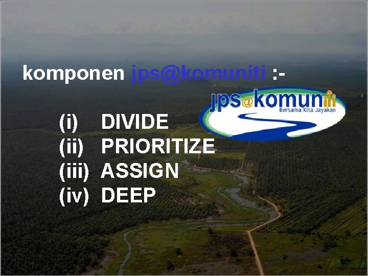 komponen jps@komuniti : (i) (iii) (iv) DIVIDE PRIORITIZE ASSIGN DEEP 